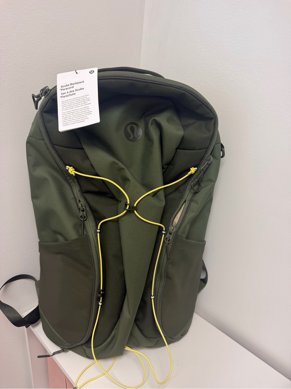 lululemon athletica Olive Green Backpack with Yellow Cord Accent